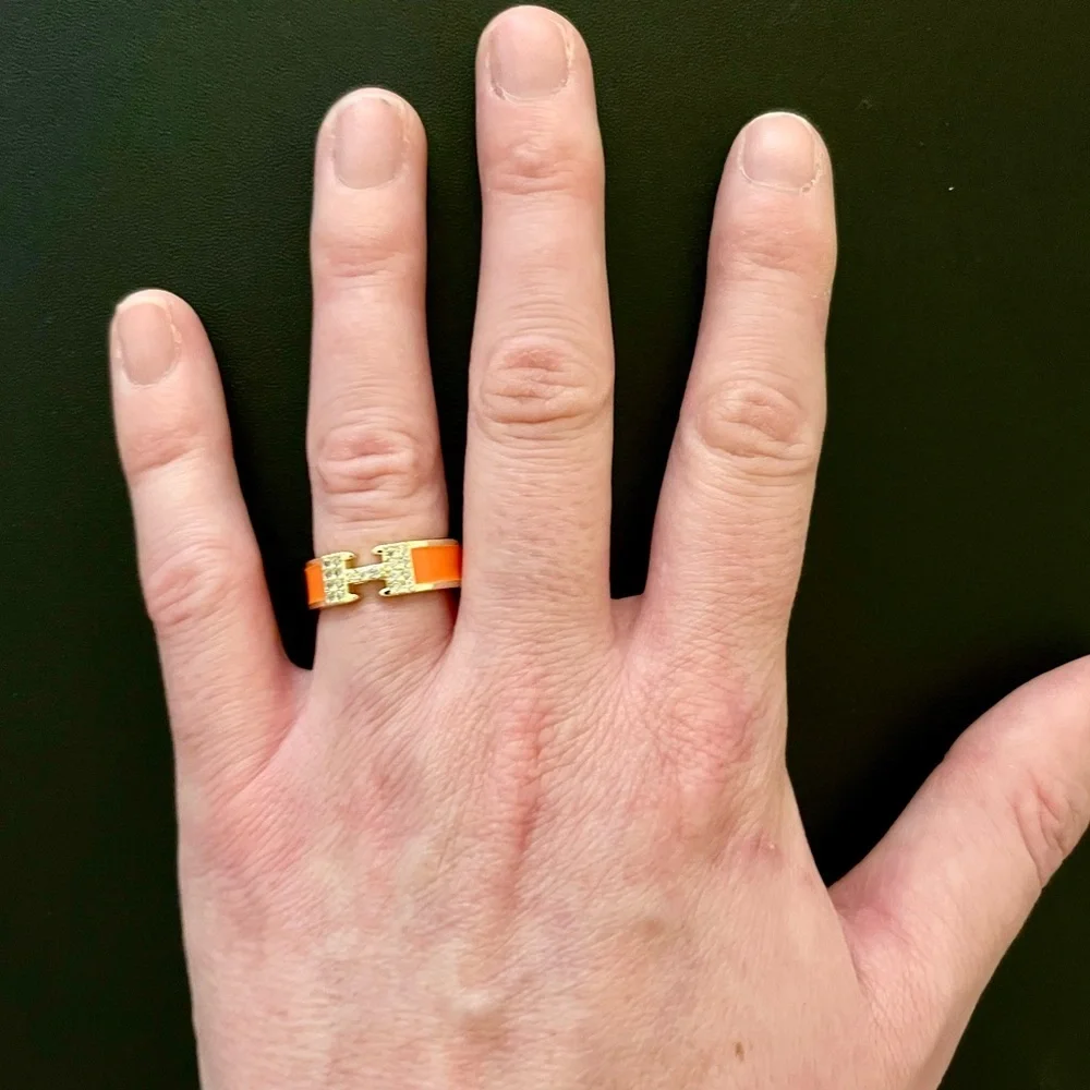 H Orange and Gold Plated Ring w/Rhinestones - Picture 1 of 4